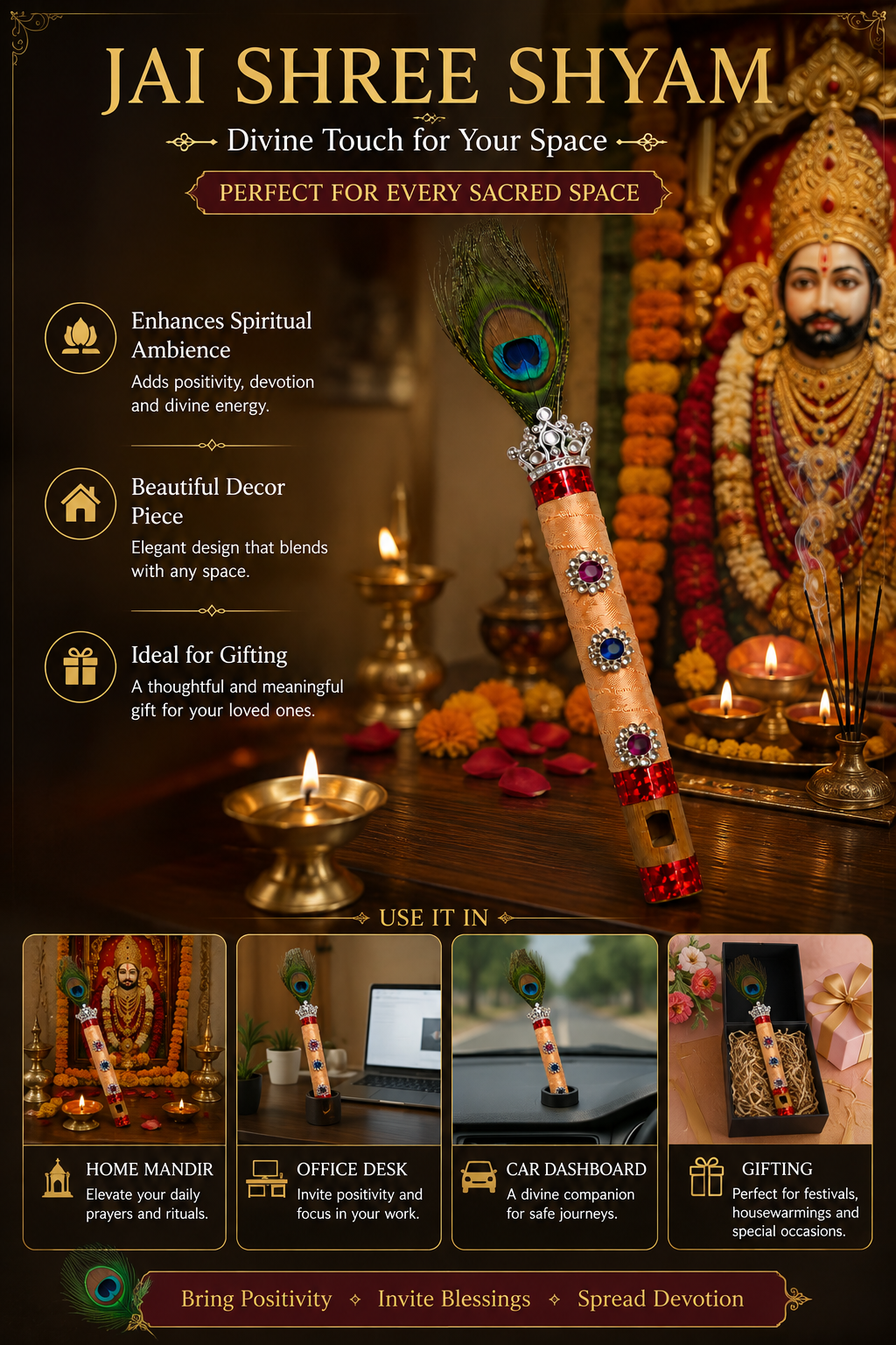 Premium Peacock Feather Flute | Krishna Bansuri Decorative Flute with Stone Work