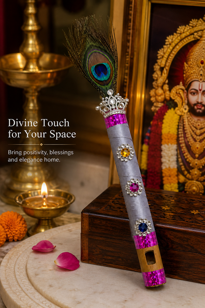 Premium Krishna Flute with Peacock Feather | Silver & Pink Decorative Bansuri for Janmashtami