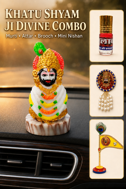 Khatu Shyam Ji Car Dashboard Divine Combo – Murti, Attar, Brooch & Mini Nishan