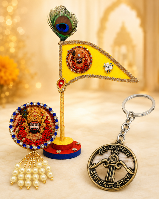 Shyam Kripa Bhakti Combo – Dhwaja, Keychain & Brooch