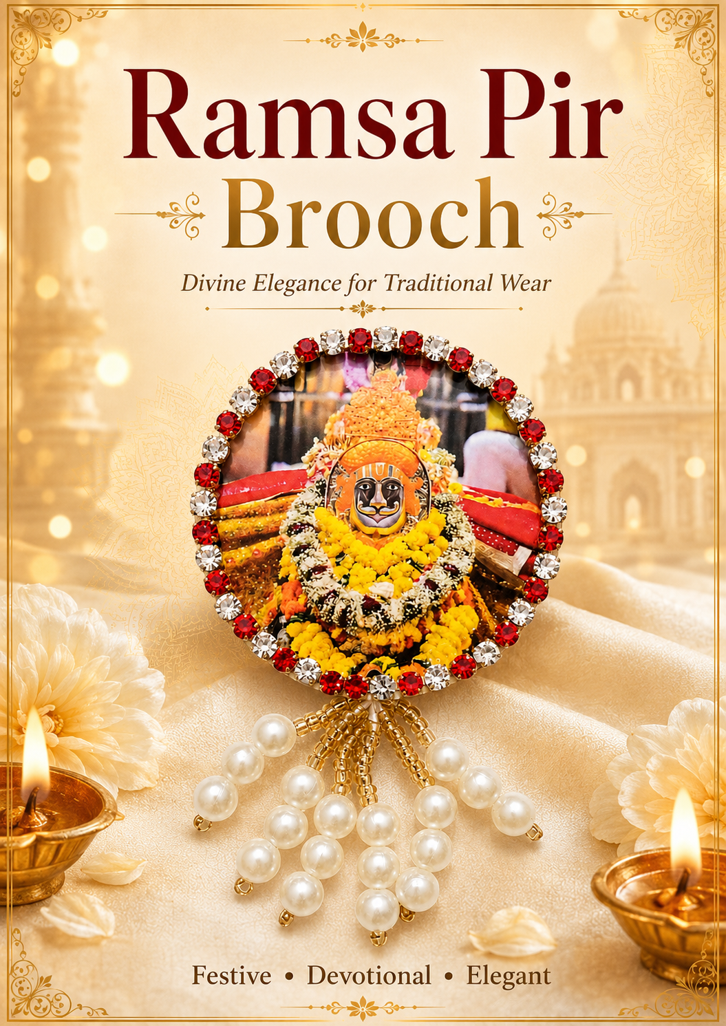 Ramsa Pir Premium Pearl Brooch | Ramdev Pir Devotional Brooch for Poshak, Pagdi & Mandir Shringar