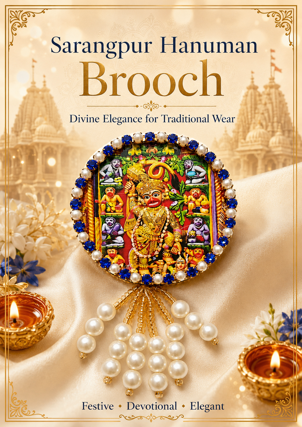 Sarangpur Hanuman Premium Pearl Brooch | Kashtbhanjan Hanuman Devotional Brooch for Poshak, Pagdi & Mandir Shringar