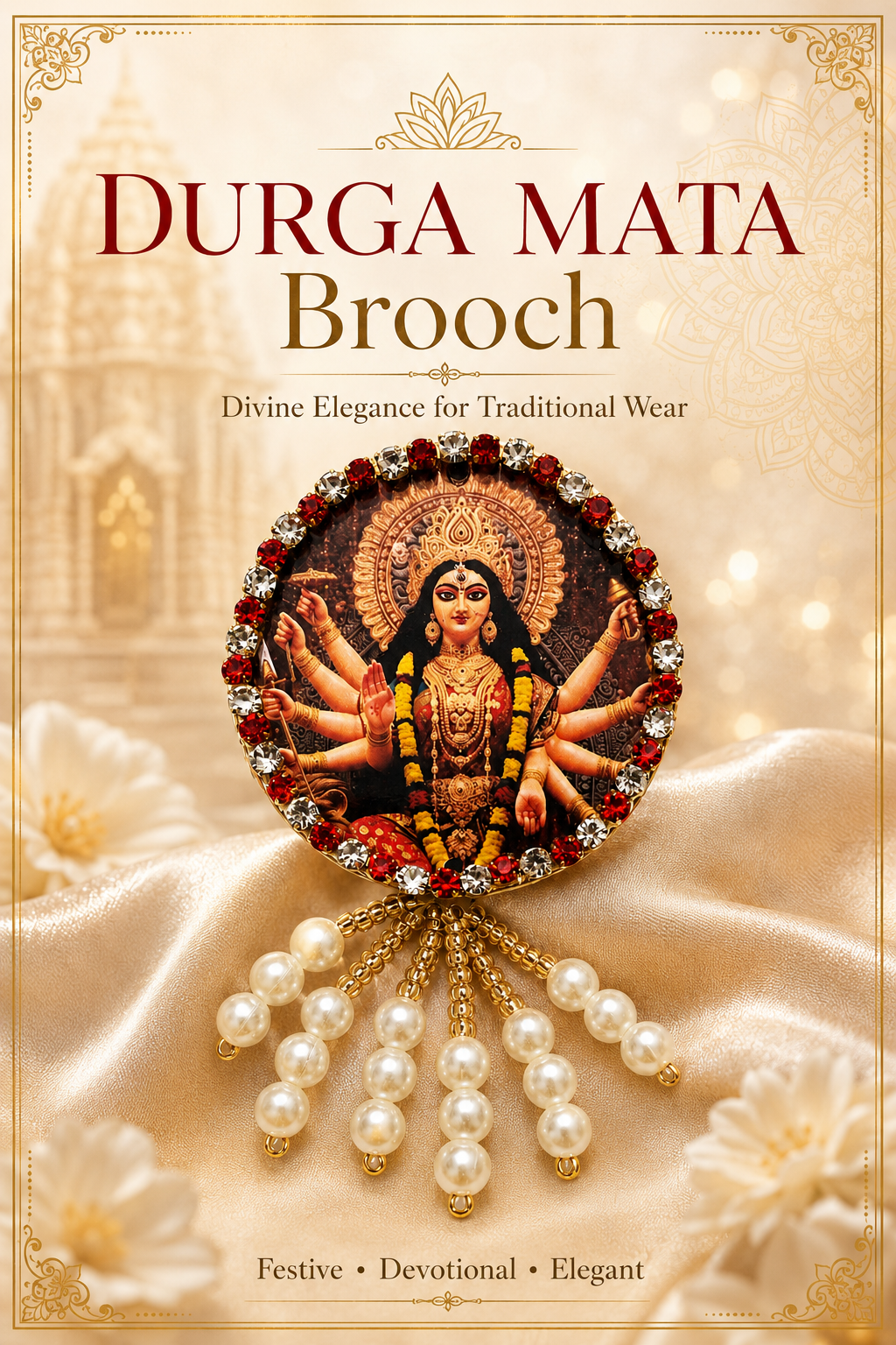 Durga Mata Premium Pearl Brooch | Maa Durga Devotional Brooch for Poshak, Pagdi & Mandir Shringar