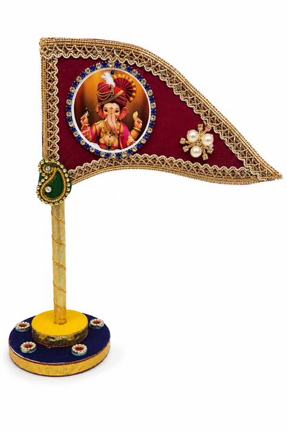 Ganesh Ji Dhwaja Orange| Ganpati Flag for Home Temple, Office & Puja Decoration | Decorative Tabletop Ganesh Ji Flag