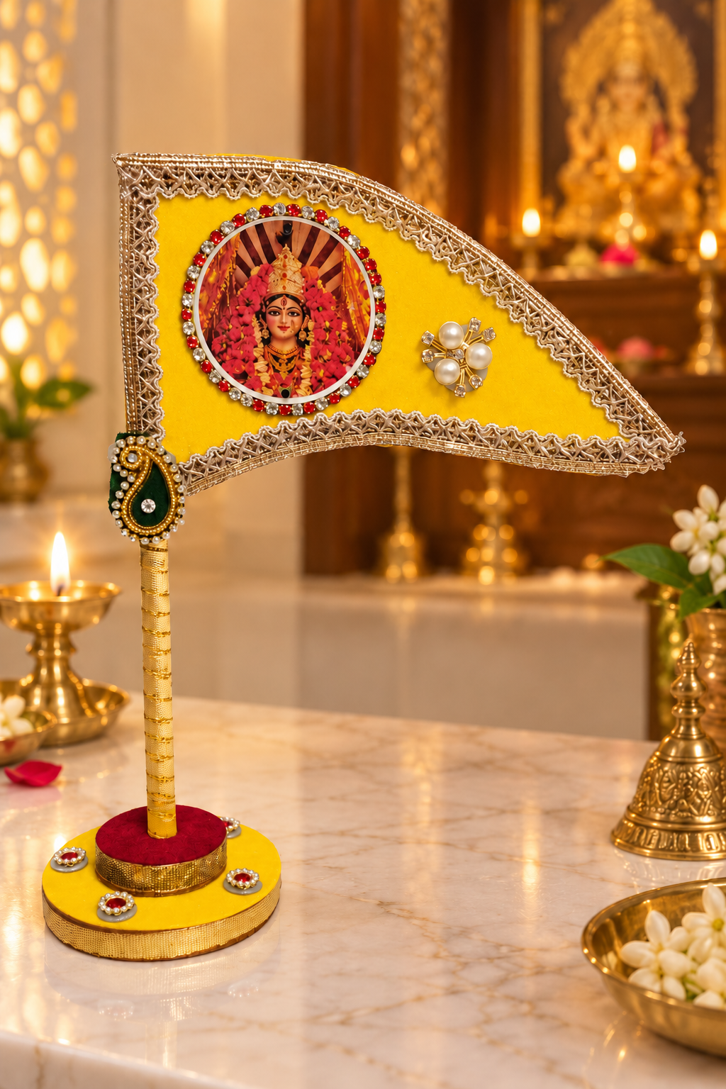 Durga Mata yellow tabletop nishan with decorative stand