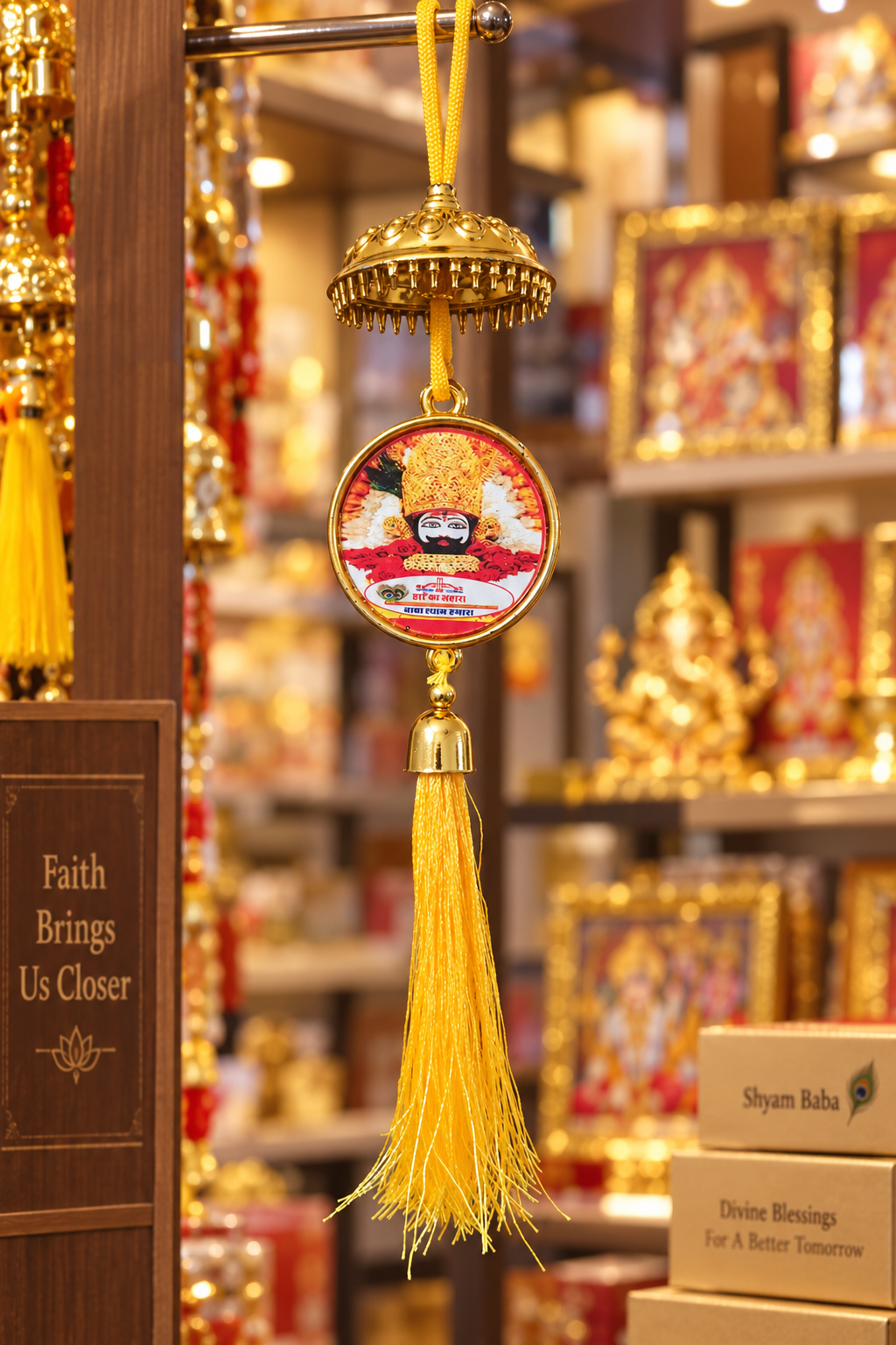 Shyam Baba & Salasar Balaji Double-Sided Car Hanging | Khatu Shyam Ji Car Hanging with Yellow Tassel | Religious Car Rear View Mirror Hanging | Devotional Car & Shop Decoration