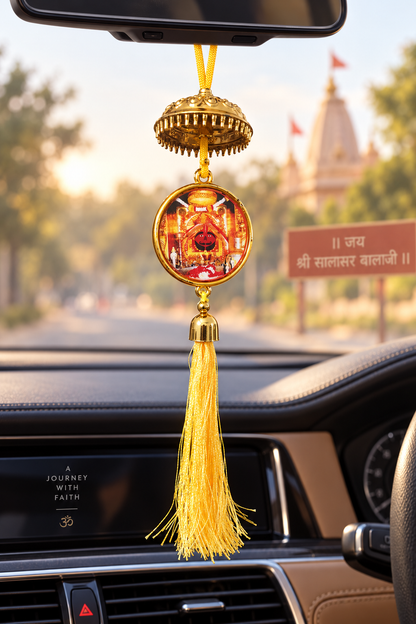 Shyam Baba & Salasar Balaji Double-Sided Car Hanging | Khatu Shyam Ji Car Hanging with Yellow Tassel | Religious Car Rear View Mirror Hanging | Devotional Car & Shop Decoration