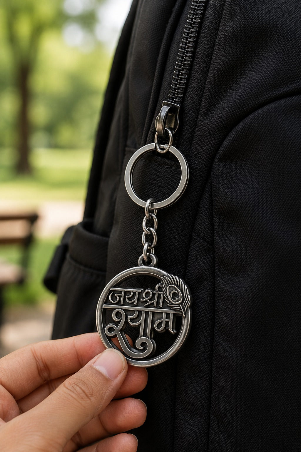 Jai Shree Shyam Peacock Feather Premium Metal Keychain