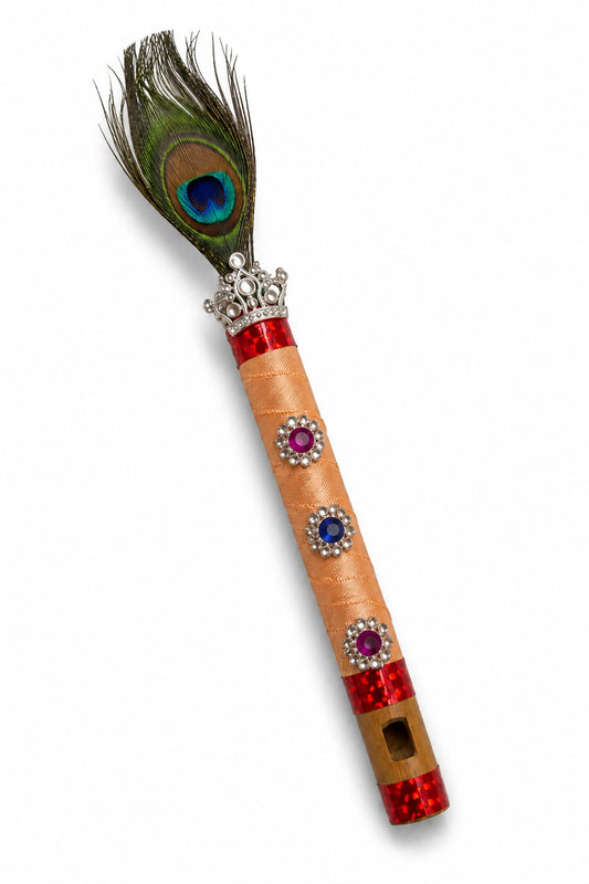 Premium Peacock Feather Flute | Krishna Bansuri Decorative Flute with Stone Work