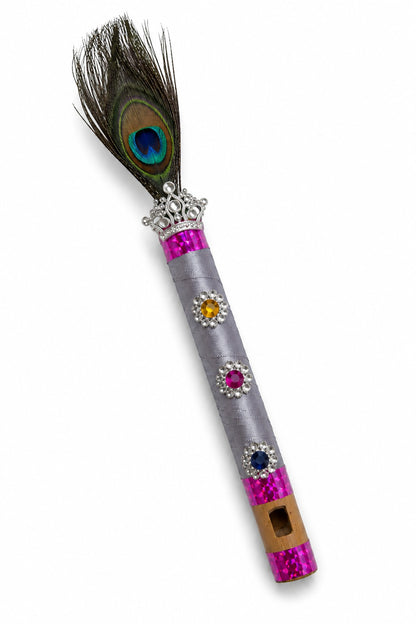 Premium Krishna Flute with Peacock Feather | Silver & Pink Decorative Bansuri for Janmashtami