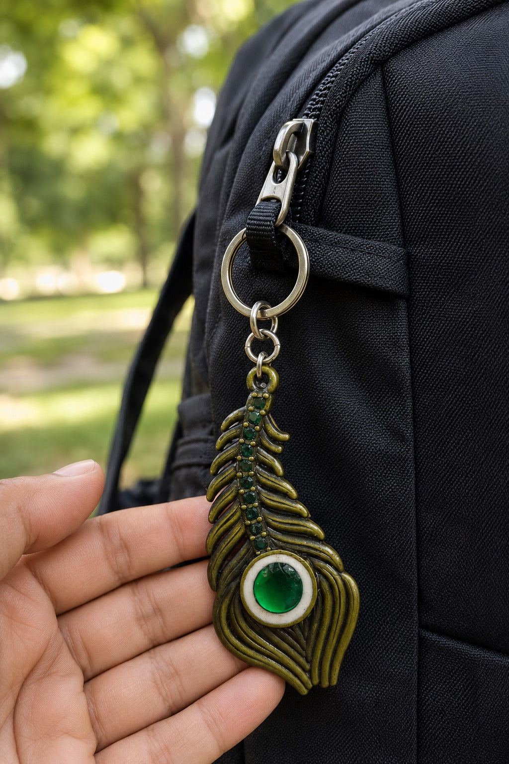 Peacock Feather Green Stone Keychain | Premium Shyam Baba Key chain