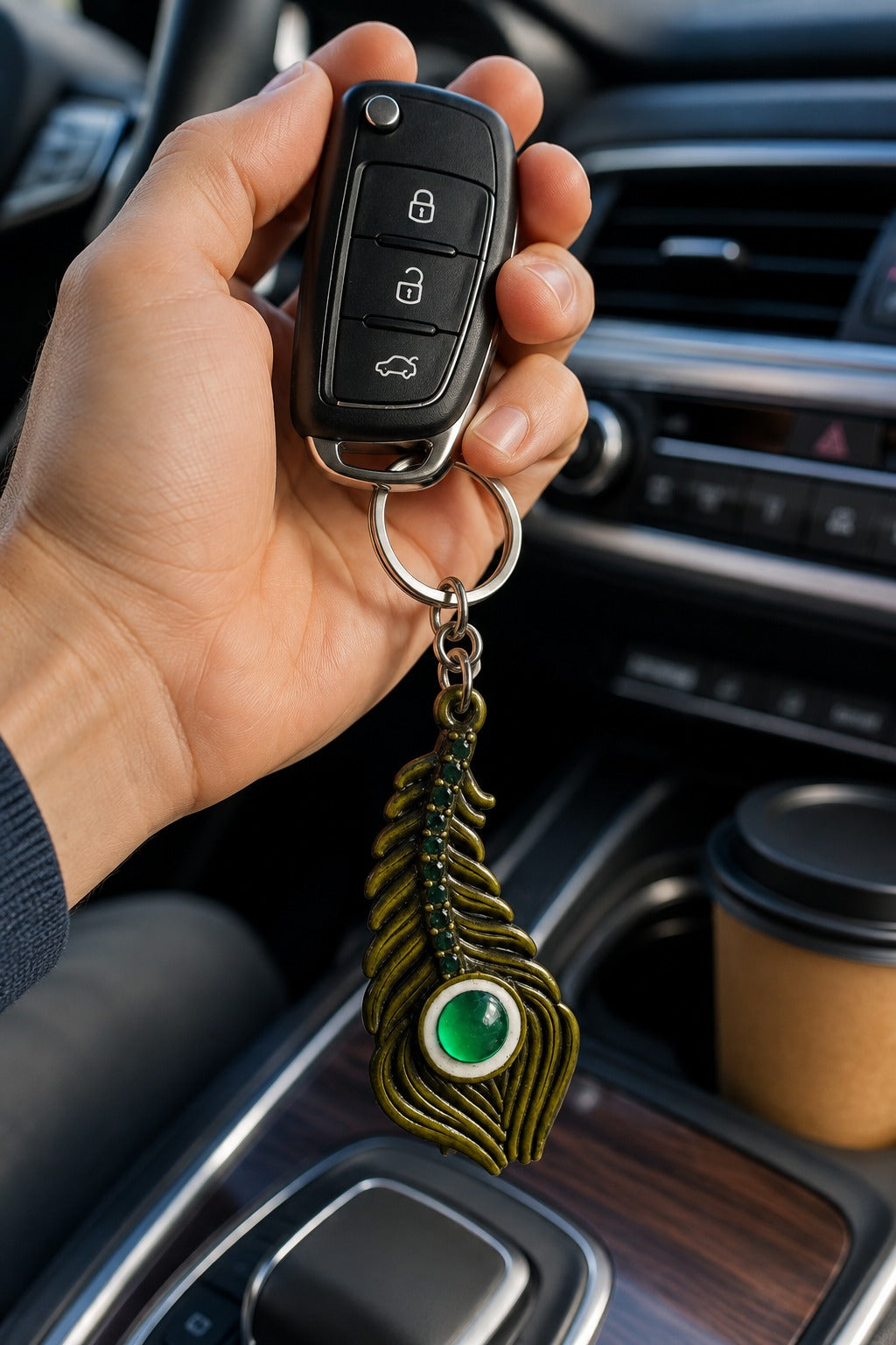Peacock Feather Green Stone Keychain | Premium Shyam Baba Key chain