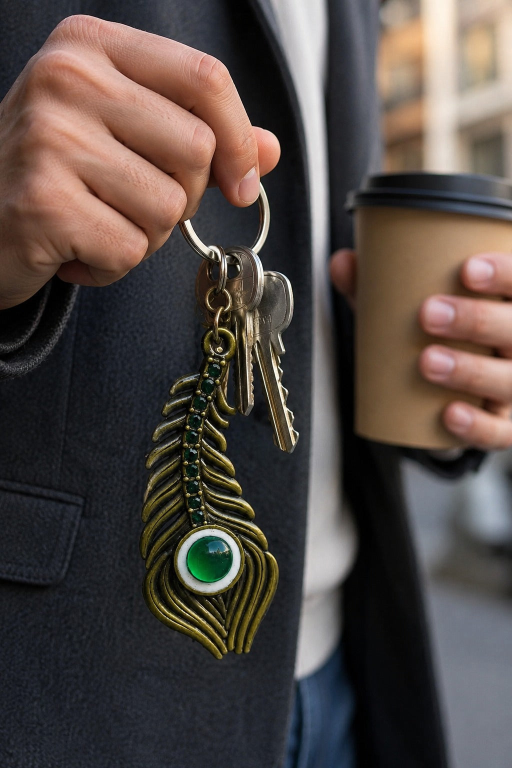 Peacock Feather Green Stone Keychain | Premium Shyam Baba Key chain