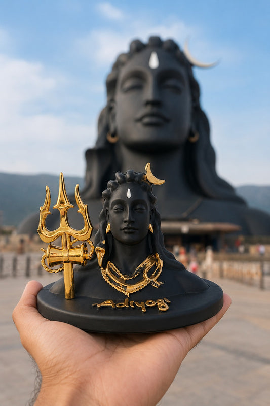 Lord Shiva Adiyogi Idol with Trishul & Damru | Black & Gold Shiv Statue