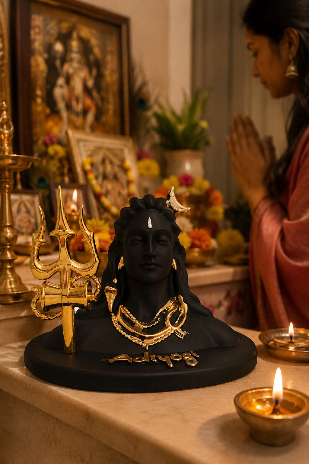 Lord Shiva Adiyogi Idol with Trishul & Damru | Black & Gold Shiv Statue