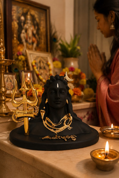 Lord Shiva Adiyogi Idol with Trishul & Damru | Black & Gold Shiv Statue