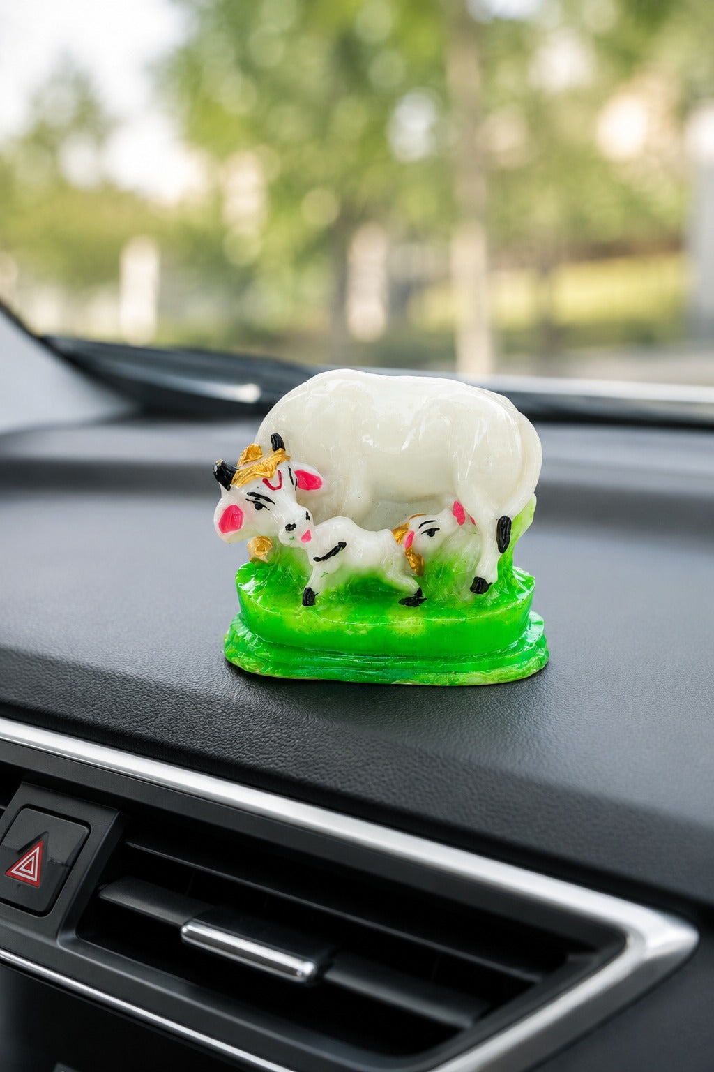 Gau Mata Decorative Murti | Kamdhenu Cow & Calf Idol | White Cow Statue with Green Base