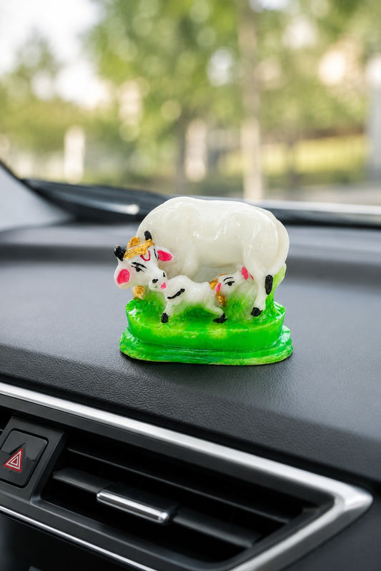Gau Mata Decorative Murti | Kamdhenu Cow & Calf Idol | White Cow Statue with Green Base