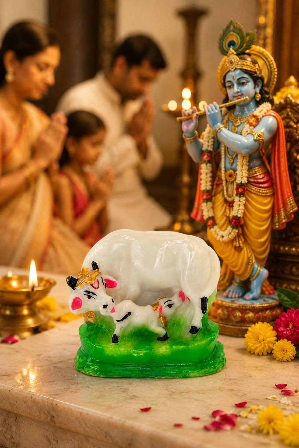Gau Mata Decorative Murti | Kamdhenu Cow & Calf Idol | White Cow Statue with Green Base