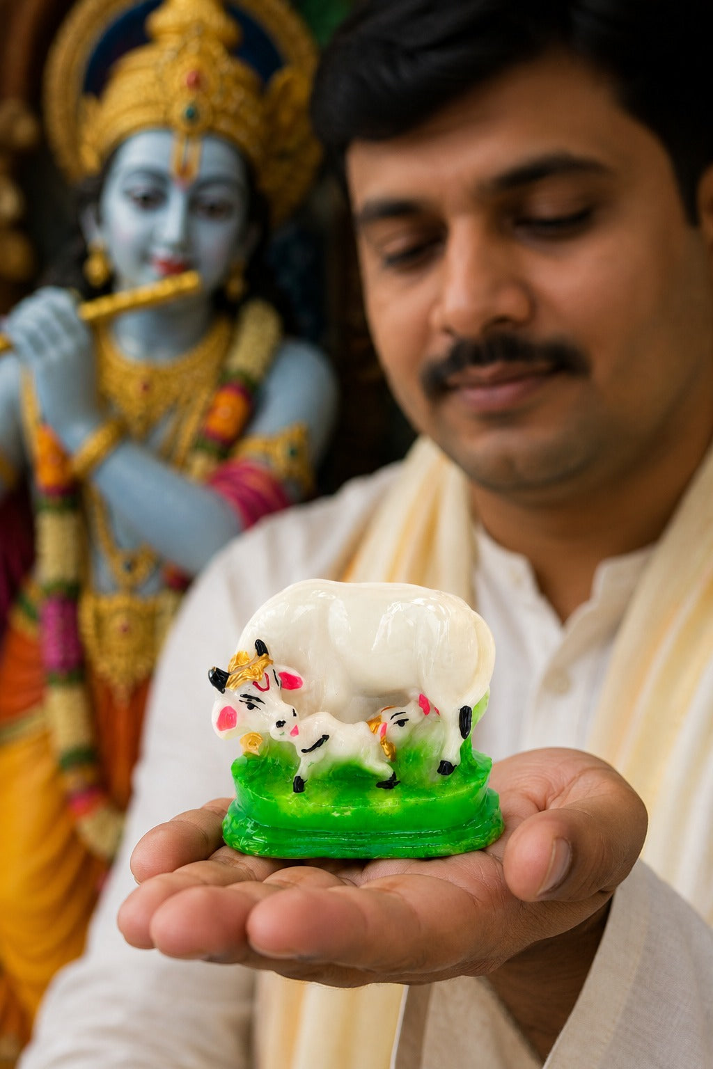Gau Mata Decorative Murti | Kamdhenu Cow & Calf Idol | White Cow Statue with Green Base