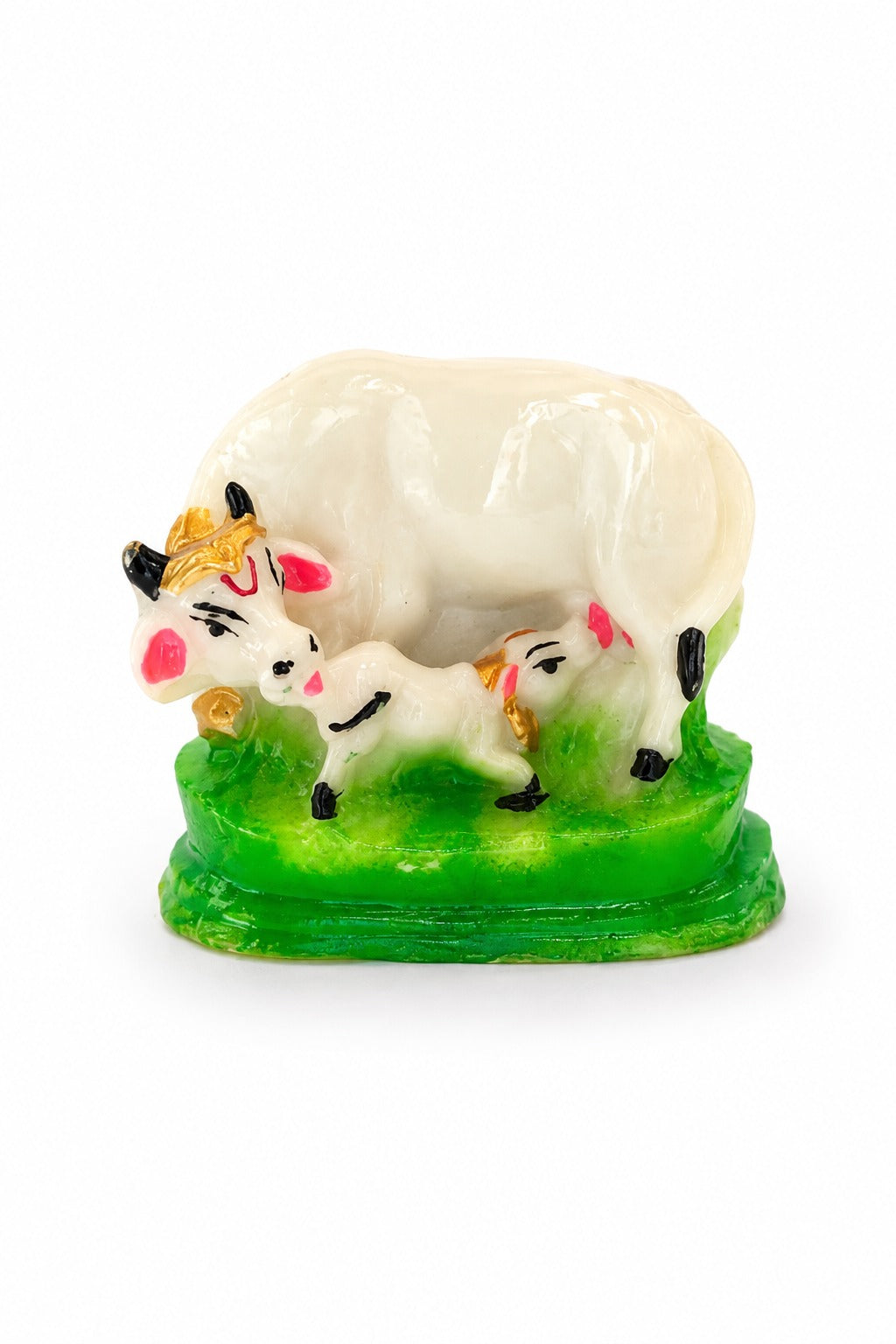 Gau Mata Decorative Murti | Kamdhenu Cow & Calf Idol | White Cow Statue with Green Base