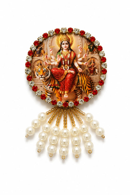 Ambe Mata Brooch with Pearl Hanging & Stone Work | Mata Rani Decorative Brooch for Navratri, Pooja & Traditional Wear