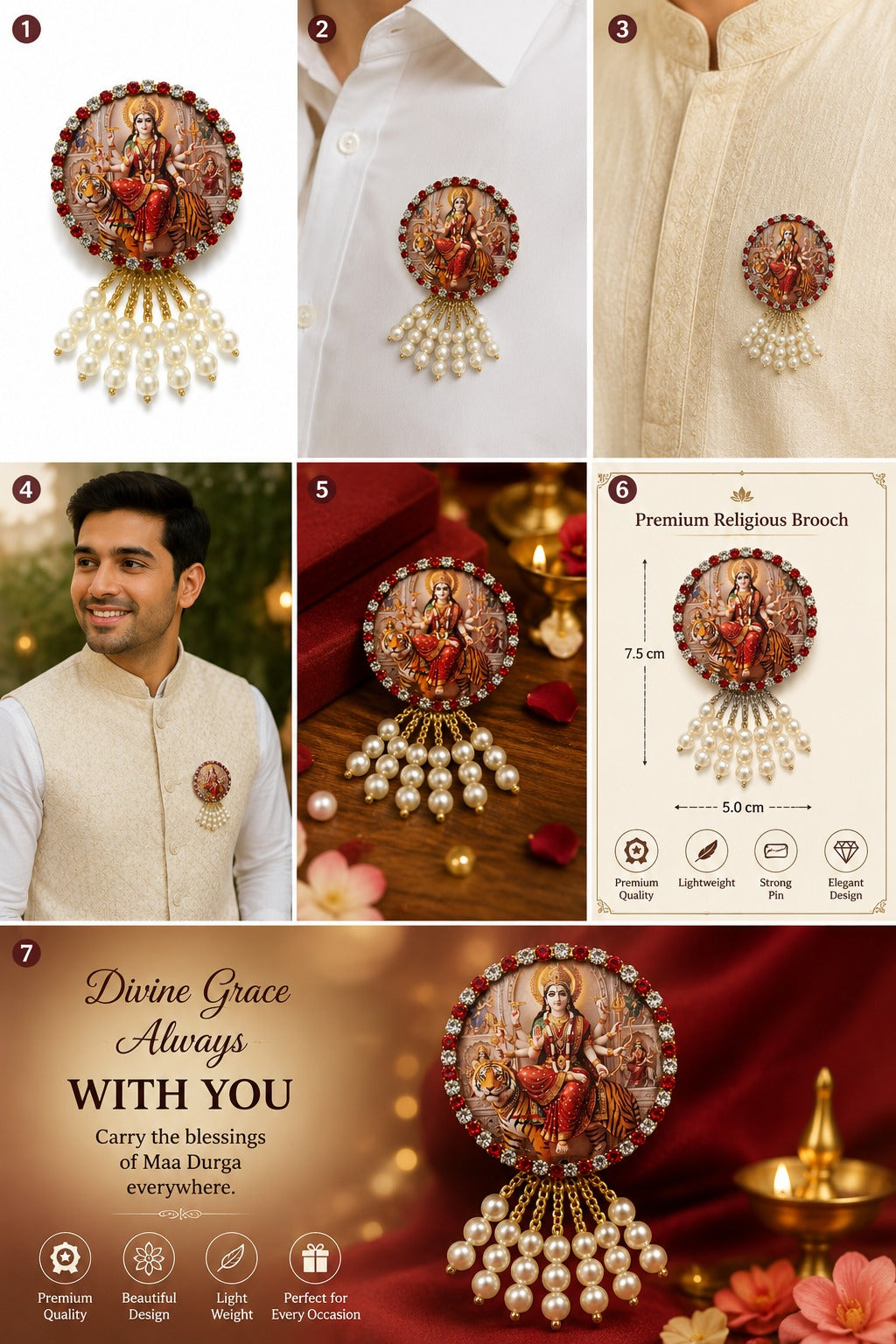 Ambe Mata Brooch with Pearl Hanging & Stone Work | Mata Rani Decorative Brooch for Navratri, Pooja & Traditional Wear