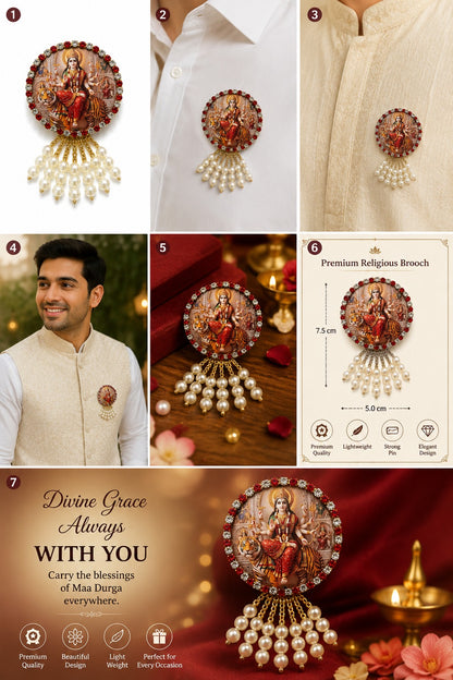 Ambe Mata Brooch with Pearl Hanging & Stone Work | Mata Rani Decorative Brooch for Navratri, Pooja & Traditional Wear
