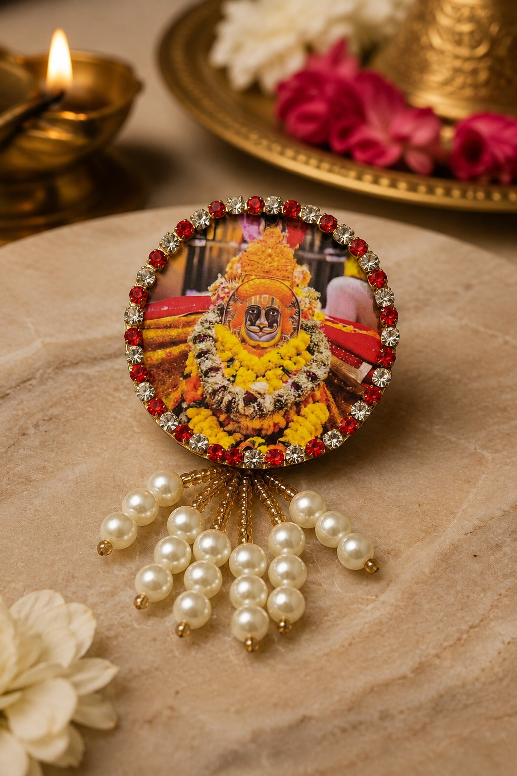 Ramsa Pir Premium Pearl Brooch | Ramdev Pir Devotional Brooch for Poshak, Pagdi & Mandir Shringar