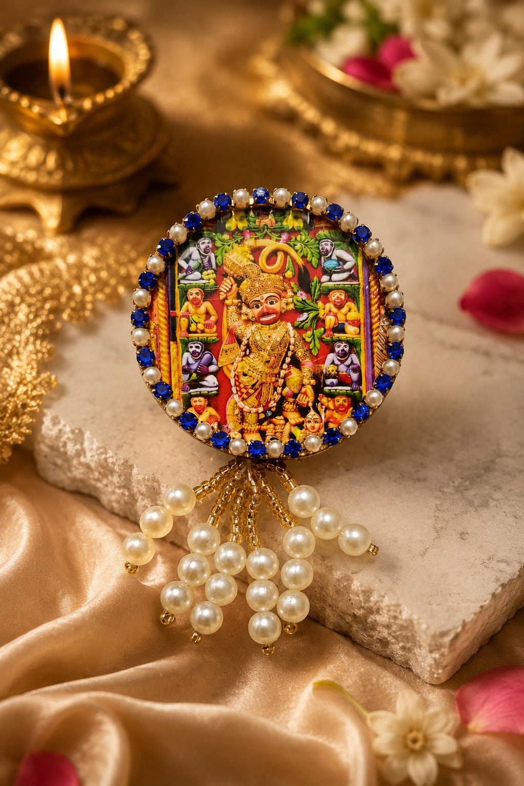 Sarangpur Hanuman Premium Pearl Brooch | Kashtbhanjan Hanuman Devotional Brooch for Poshak, Pagdi & Mandir Shringar