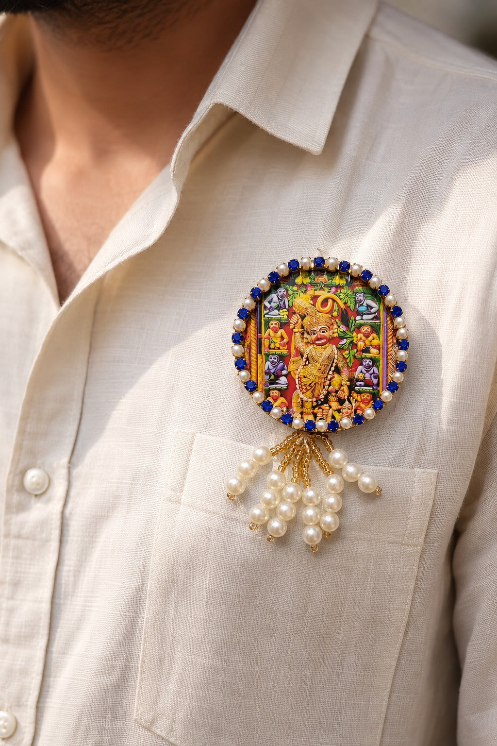 Sarangpur Hanuman Premium Pearl Brooch | Kashtbhanjan Hanuman Devotional Brooch for Poshak, Pagdi & Mandir Shringar