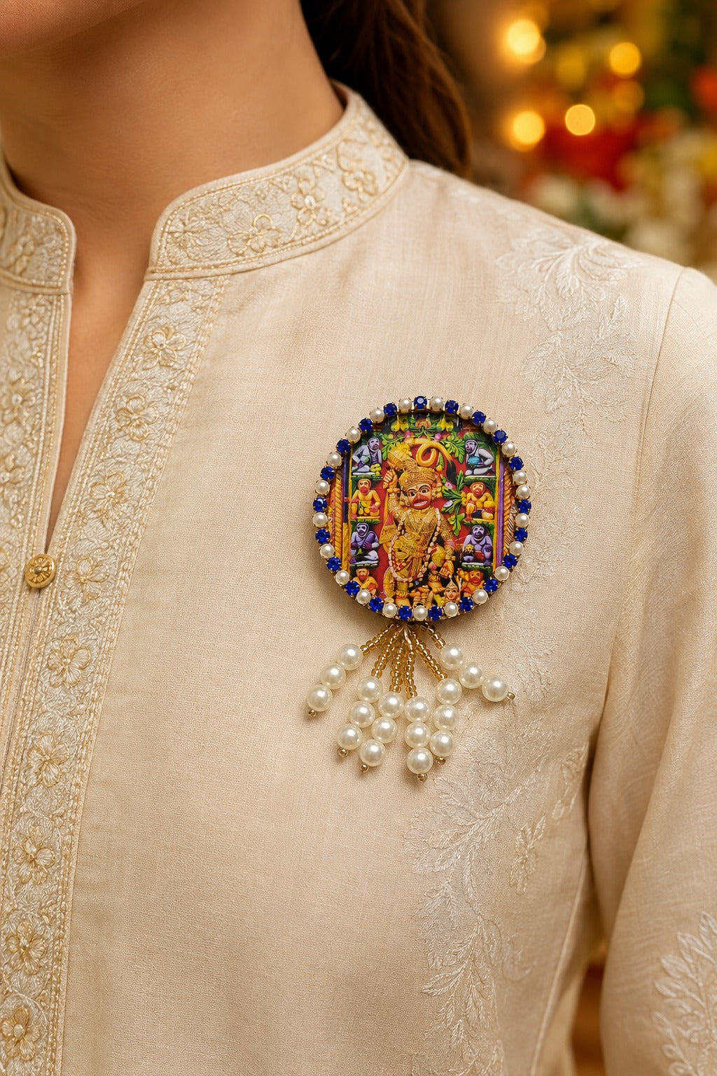 Sarangpur Hanuman Premium Pearl Brooch | Kashtbhanjan Hanuman Devotional Brooch for Poshak, Pagdi & Mandir Shringar