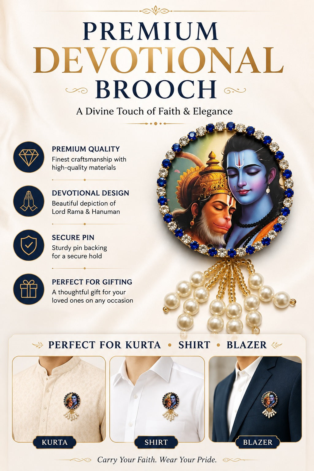 Shri Ram & Hanuman Premium Pearl Brooch | Ram Hanuman Devotional Brooch for Poshak, Pagdi & Mandir Shringar