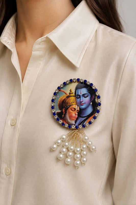 Shri Ram & Hanuman Premium Pearl Brooch | Ram Hanuman Devotional Brooch for Poshak, Pagdi & Mandir Shringar