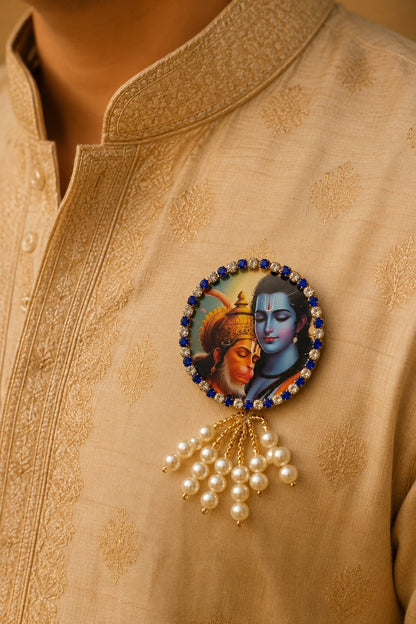 Shri Ram & Hanuman Premium Pearl Brooch | Ram Hanuman Devotional Brooch for Poshak, Pagdi & Mandir Shringar