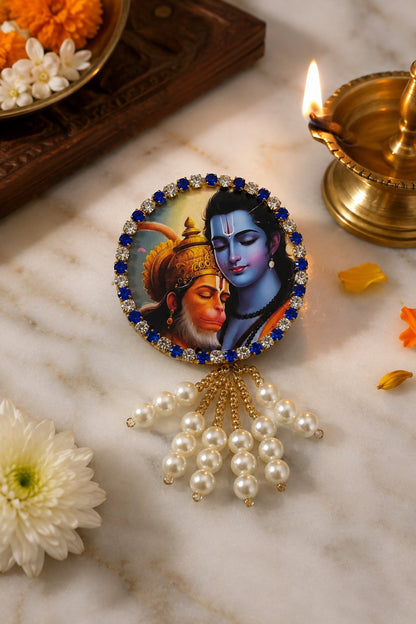 Shri Ram & Hanuman Premium Pearl Brooch | Ram Hanuman Devotional Brooch for Poshak, Pagdi & Mandir Shringar