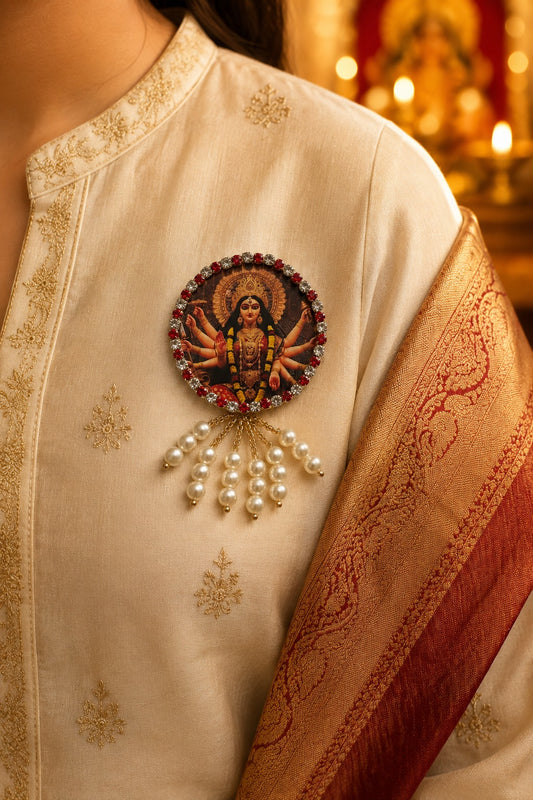 Durga Mata Premium Pearl Brooch | Maa Durga Devotional Brooch for Poshak, Pagdi & Mandir Shringar