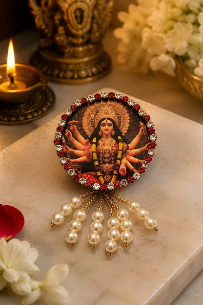 Durga Mata Premium Pearl Brooch | Maa Durga Devotional Brooch for Poshak, Pagdi & Mandir Shringar
