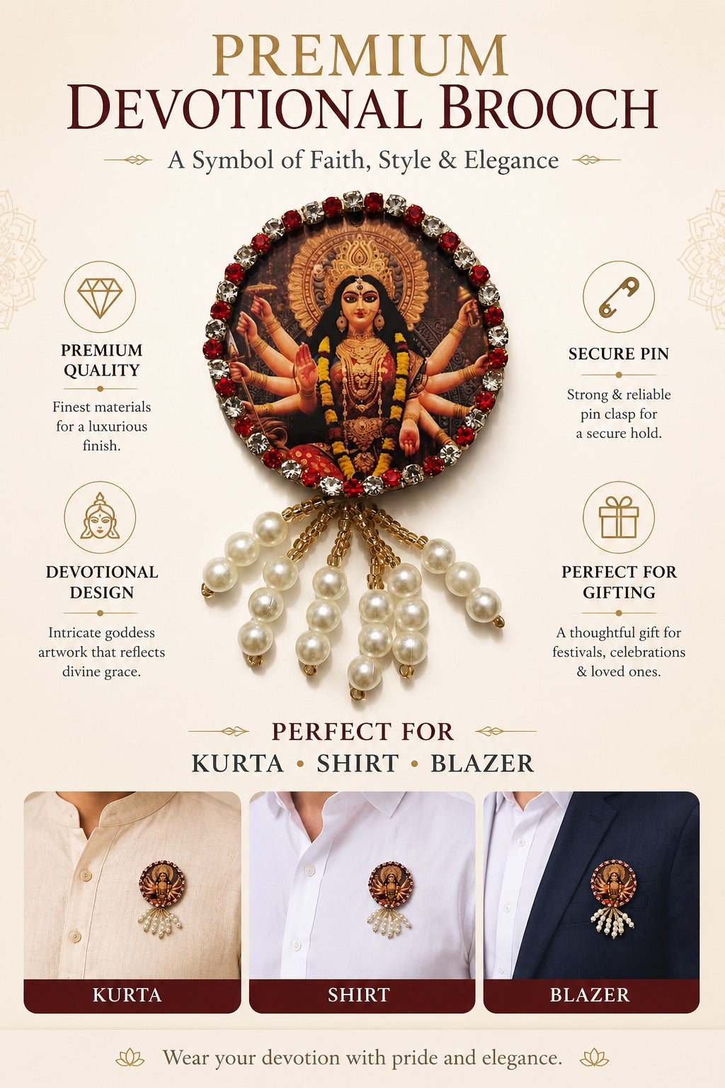 Durga Mata Premium Pearl Brooch | Maa Durga Devotional Brooch for Poshak, Pagdi & Mandir Shringar