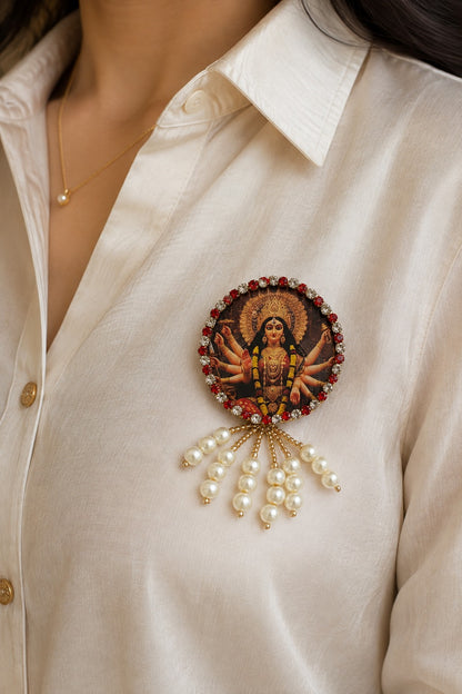 Durga Mata Premium Pearl Brooch | Maa Durga Devotional Brooch for Poshak, Pagdi & Mandir Shringar