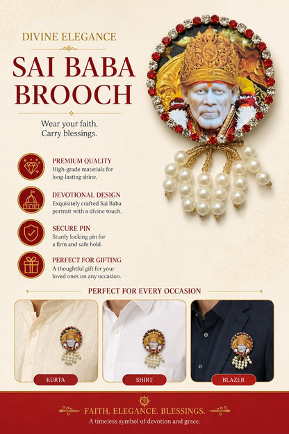 Sai Baba Premium Pearl Brooch | Shirdi Sai Baba Devotional Brooch for Poshak, Pagdi & Mandir Shringar