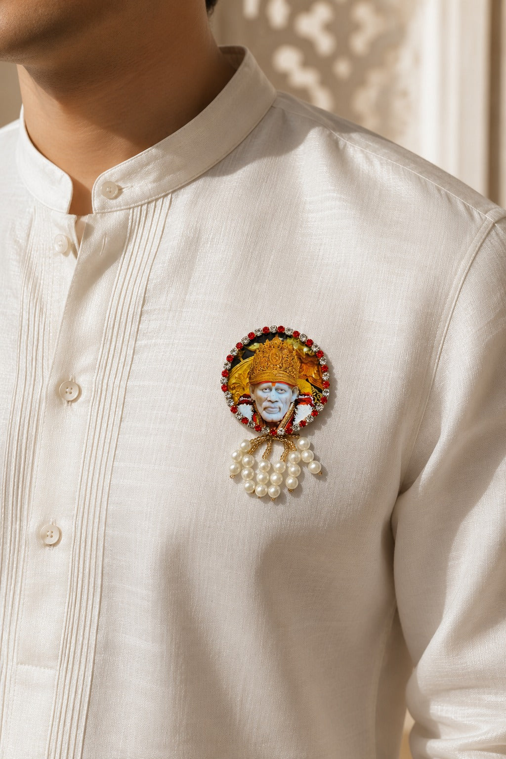 Sai Baba Premium Pearl Brooch | Shirdi Sai Baba Devotional Brooch for Poshak, Pagdi & Mandir Shringar
