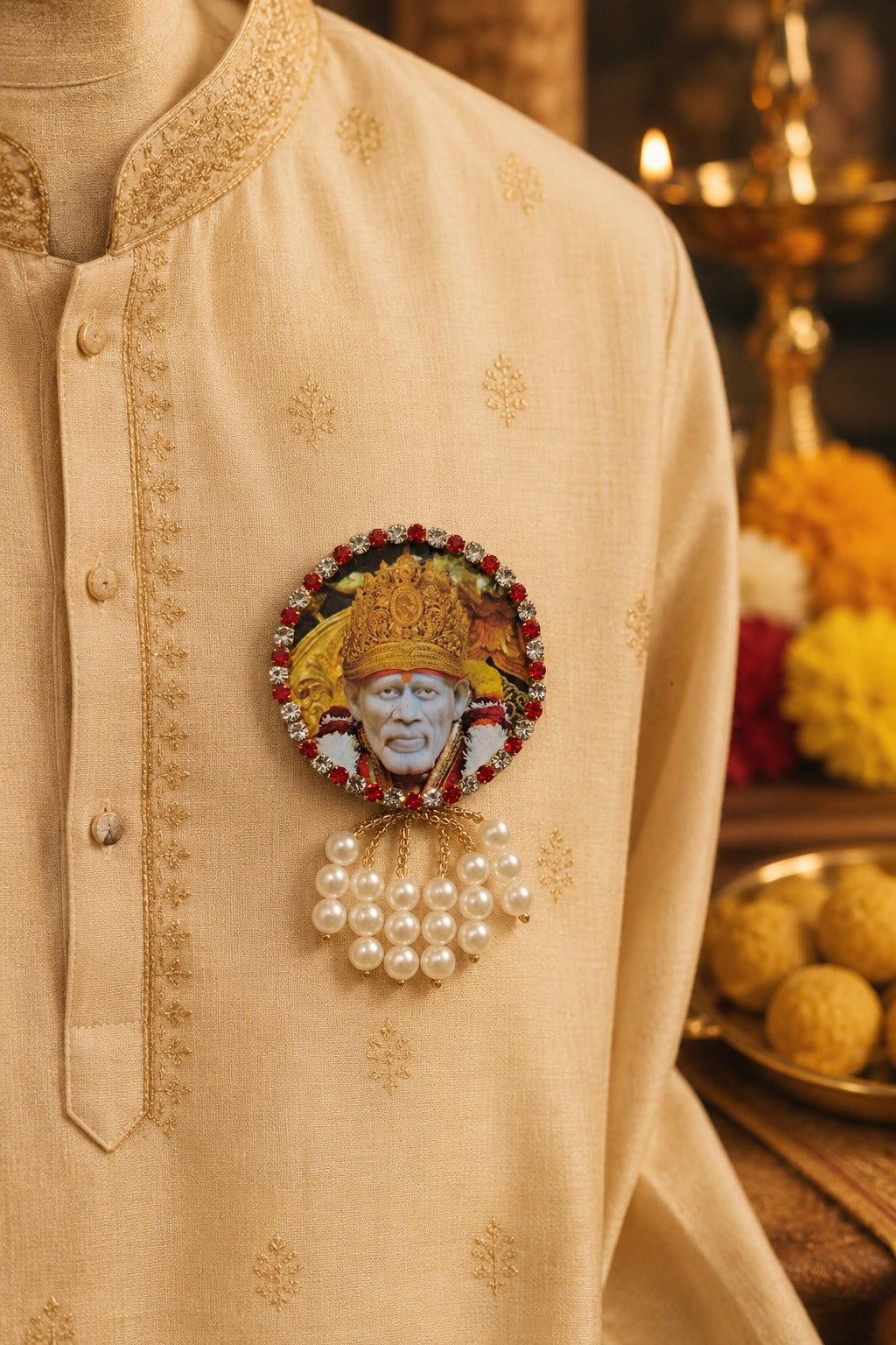 Sai Baba Premium Pearl Brooch | Shirdi Sai Baba Devotional Brooch for Poshak, Pagdi & Mandir Shringar