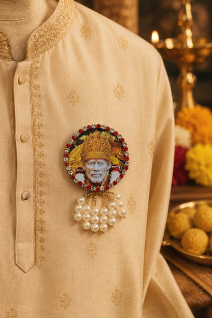 Sai Baba Premium Pearl Brooch | Shirdi Sai Baba Devotional Brooch for Poshak, Pagdi & Mandir Shringar