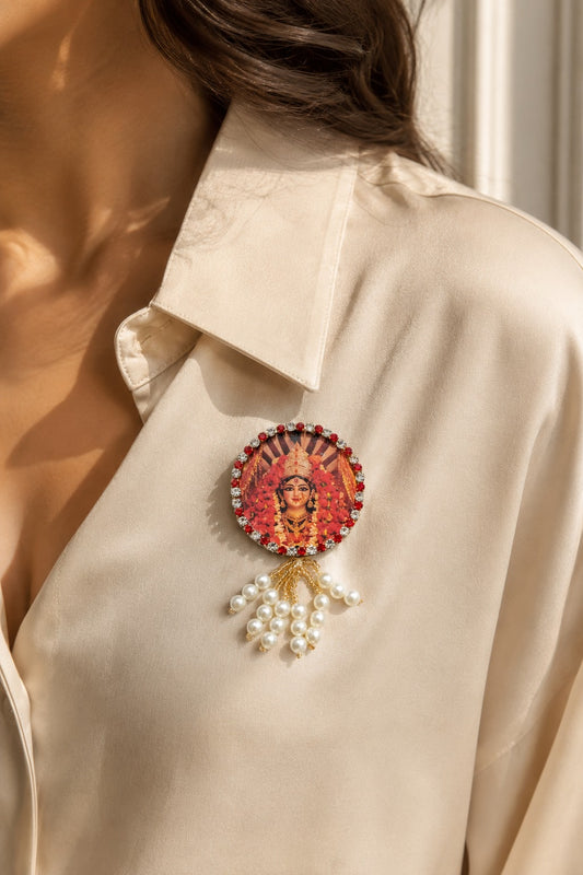 Ambe Mata Premium Pearl Brooch | Maa Ambe Devotional Brooch for Poshak, Pagdi & Mandir Shringar