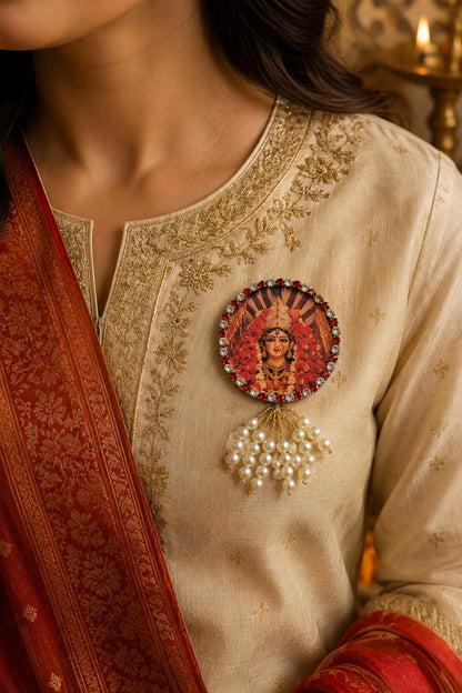 Ambe Mata Premium Pearl Brooch | Maa Ambe Devotional Brooch for Poshak, Pagdi & Mandir Shringar