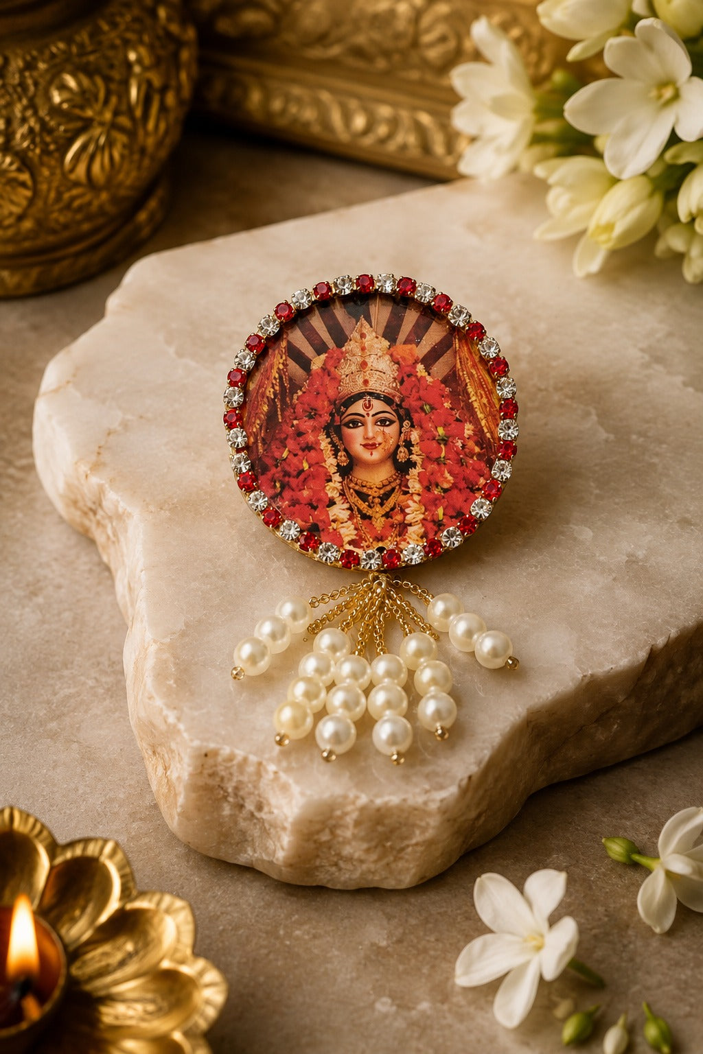 Ambe Mata Premium Pearl Brooch | Maa Ambe Devotional Brooch for Poshak, Pagdi & Mandir Shringar