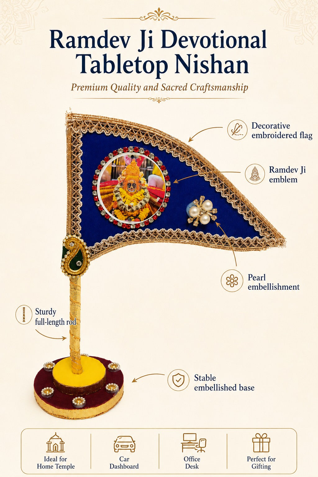 Ramdev Ji Royal Blue  Decorative Nishan Flag for Car Dashboard, Home Mandir & Office Table