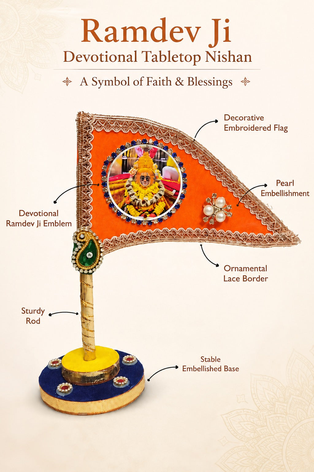 Ramdev Ji Decorative Saffron Nishan Flag for Car Dashboard, Home Mandir & Office Table