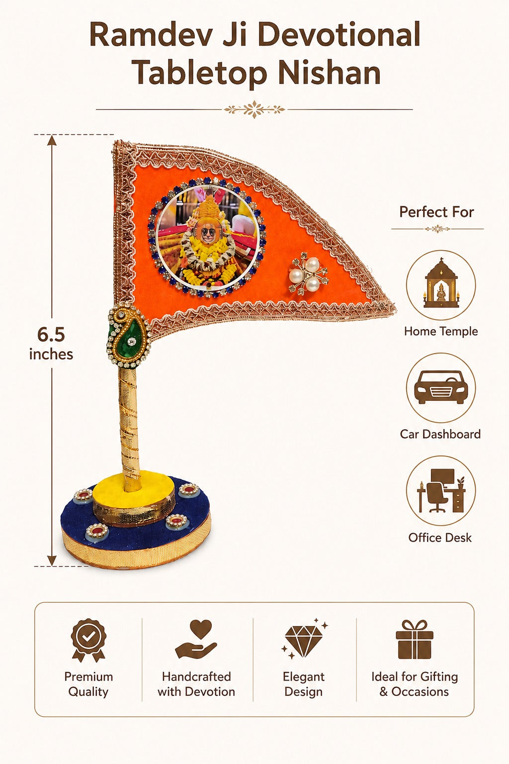 Ramdev Ji Decorative Saffron Nishan Flag for Car Dashboard, Home Mandir & Office Table